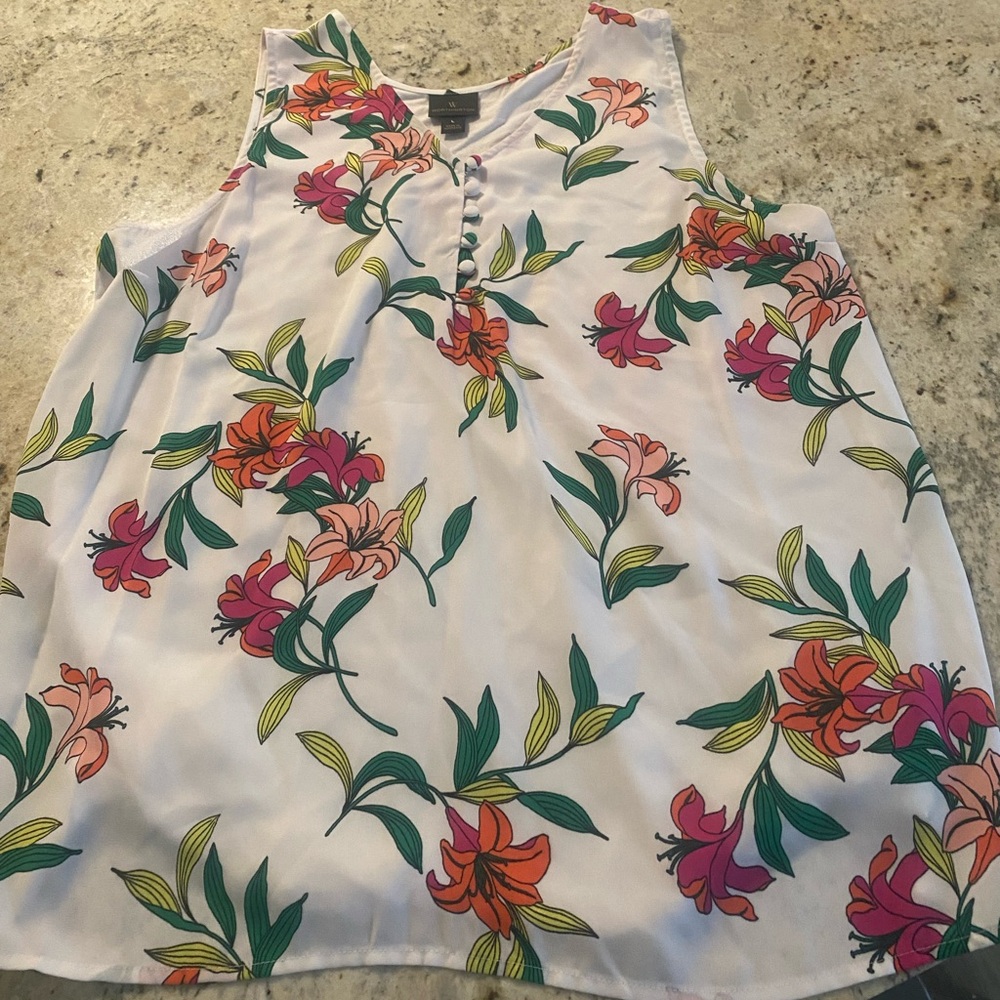 Worthington Floral Sleeveless Blouse - White, Pink, Green